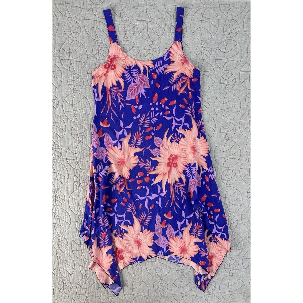 Rainbow Jo Blue Peach Hawaiian Floral Handkercheif Hem Tank Dress / Medium